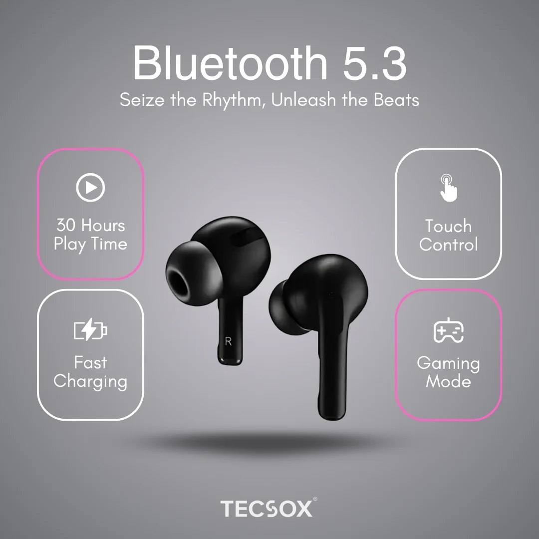 TecPod Pro Black Matt Bluetooth Earbuds | 30 Hour Playtime | Under ₹1000 - Image 5