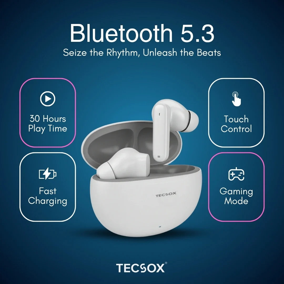 TecSox Pulse 611 Bluetooth Earbuds | Bluetooth 5.3 | 30Hr Play Time | Deep Bass Airpods - Image 10