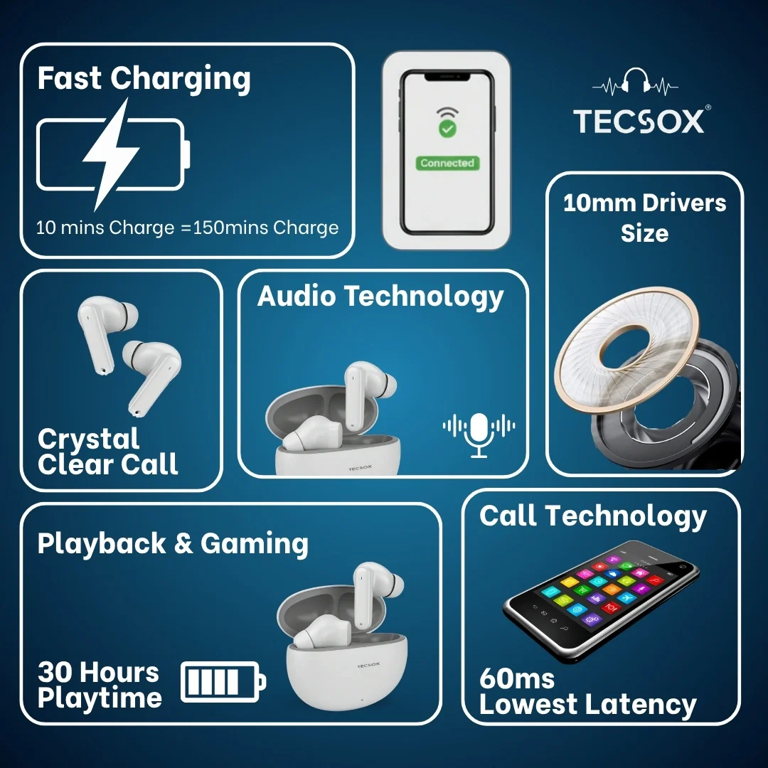 TecSox Pulse 611 Bluetooth Earbuds | Bluetooth 5.3 | 30Hr Play Time | Deep Bass Airpods - Image 15