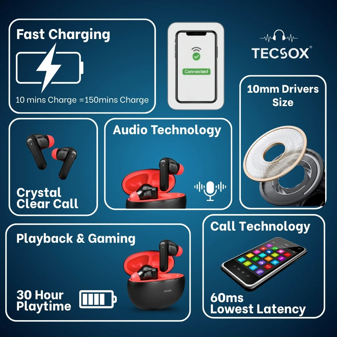 TecSox Pulse 611 Bluetooth Earbuds | Bluetooth 5.3 | 30Hr Play Time | Deep Bass Airpods - Image 24