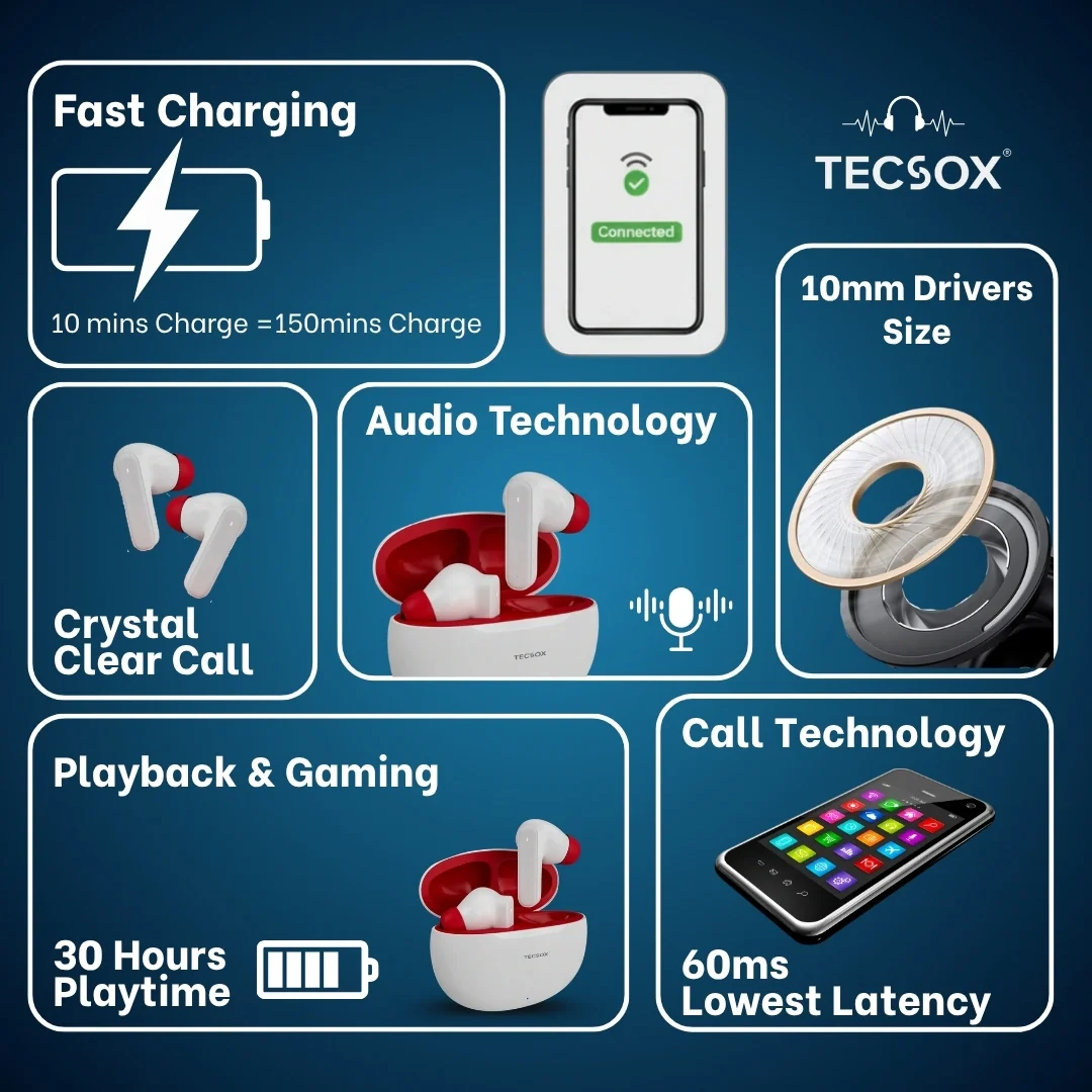 TecSox Pulse 611 Bluetooth Earbuds | Bluetooth 5.3 | 30Hr Play Time | Deep Bass Airpods - Image 6