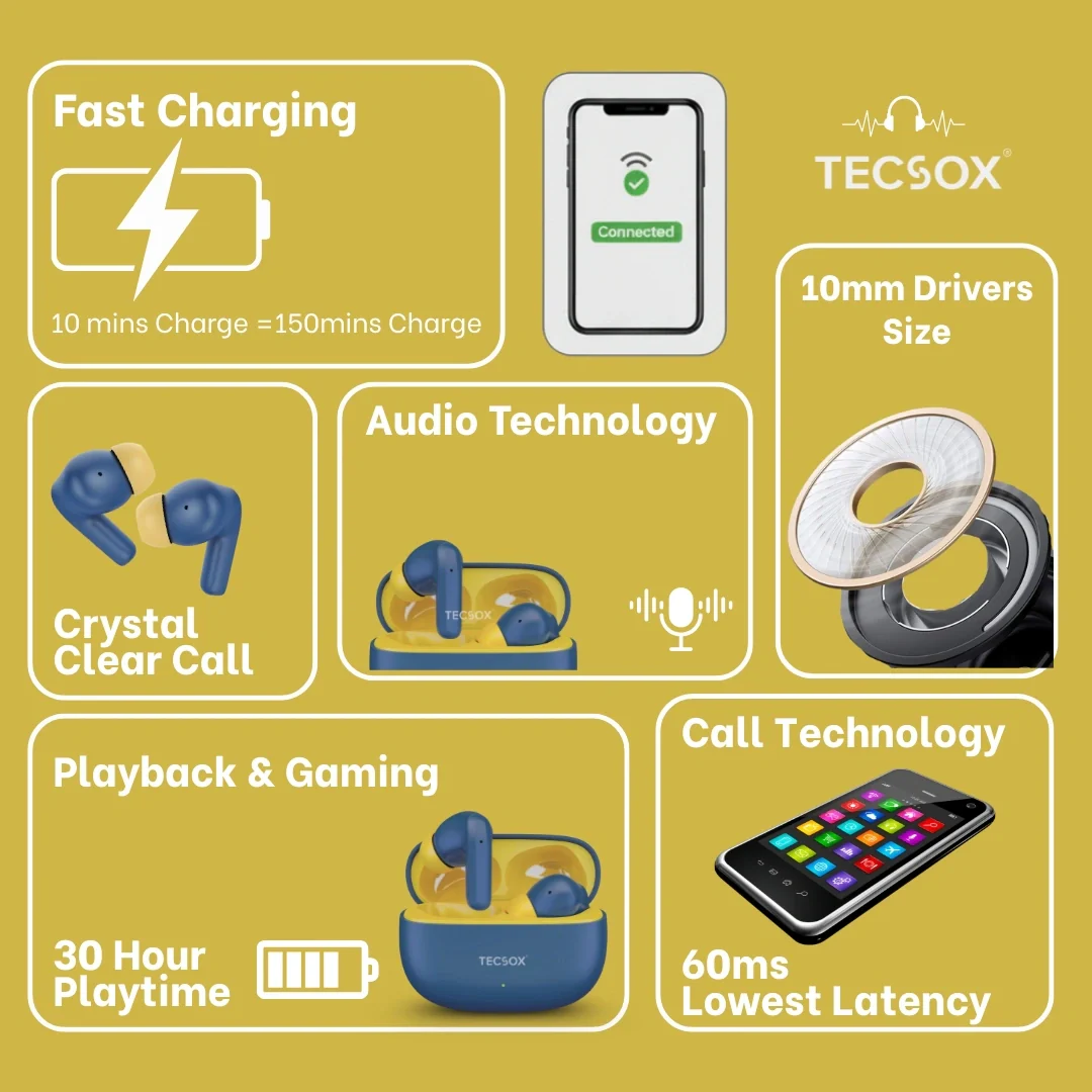 TecSox Wave Bluetooth Earbuds | Deep Bass | IPX water resistance - Image 23