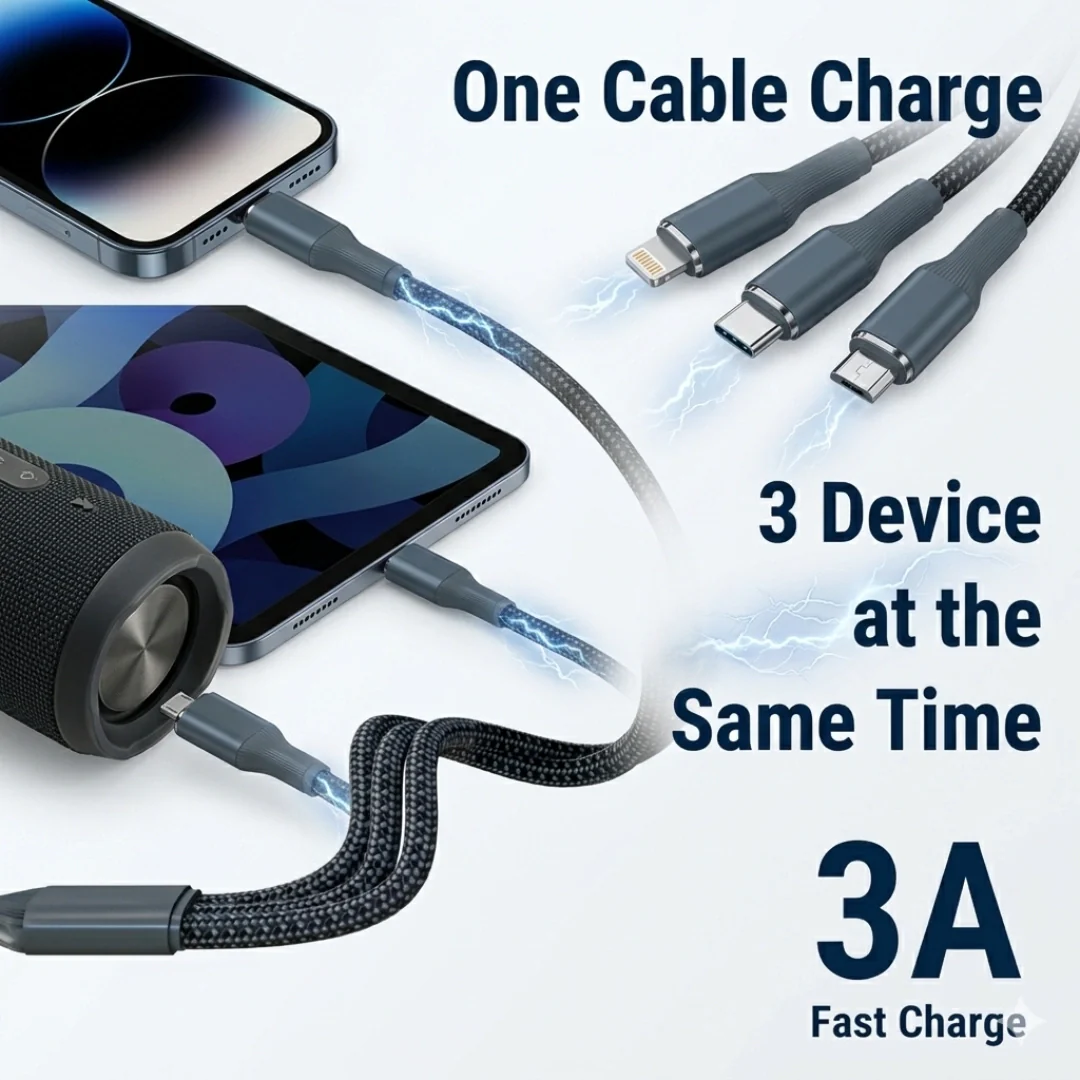 Tecsox 3 in 1 Grey Fast Charging Cable | For iOS & Android - Image 3