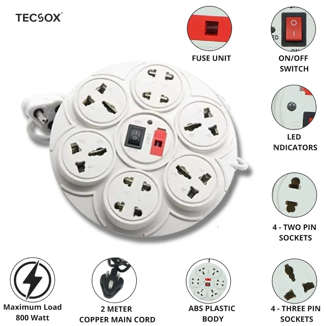 TecSox 8 Pin Extention Board with Master Switch | 2.7 m length with Fuse and International Sockets - Image 4