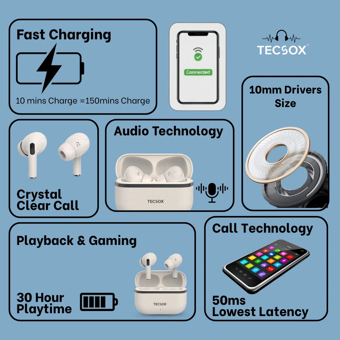 TecSox Moon Bluetooth Earbud With Deep Bass & Comfortable Fit | 30Hrs Playtime | IPX Water Resistant - Image 14