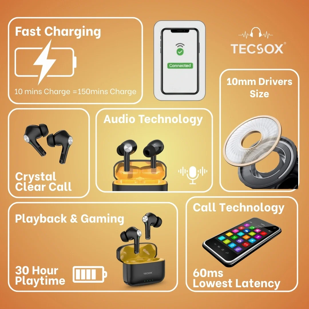 TecSox Neo411 30Hr Playtime |  Wireless Earbud With Deep Bass & Comfortable Fit | IPX Water Resistant - Image 45