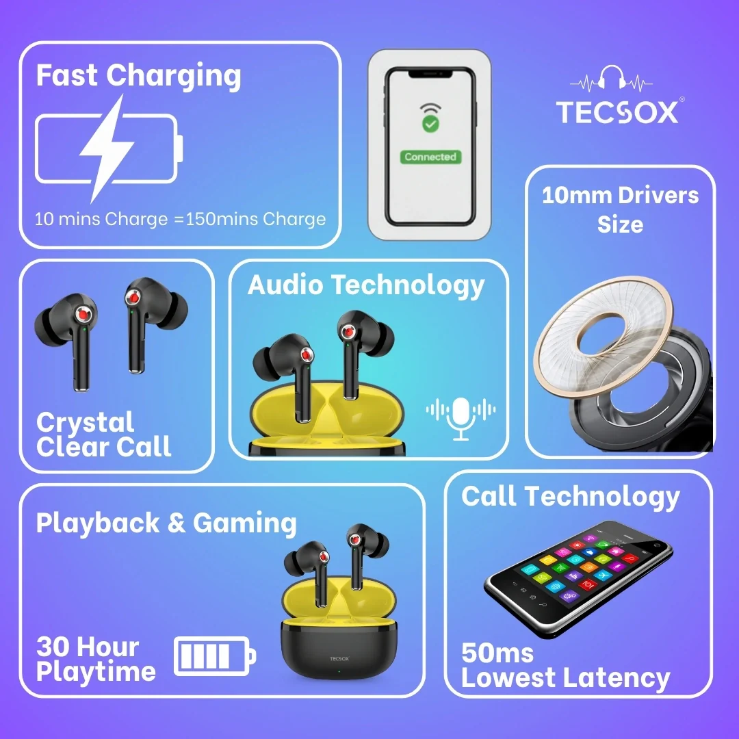 TecSox Omega 201 Wireless Earbud With Deep Bass & Comfortable Fit | IPX Water Resistant - Image 14