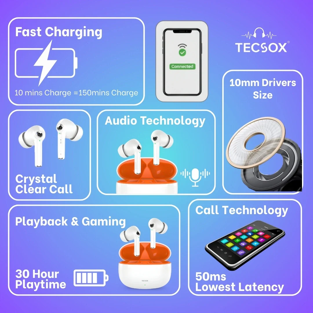 TecSox Omega 201 Wireless Earbud With Deep Bass & Comfortable Fit | IPX Water Resistant - Image 24