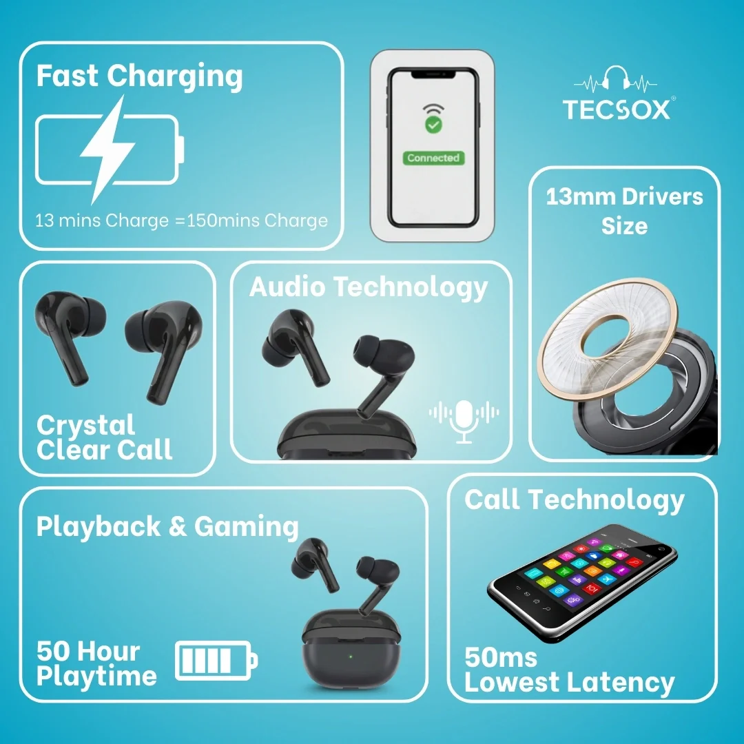 TecSox Omega 471 Wireless Earbud With Comfortable Fit | IPX Water Resistant - Image 15